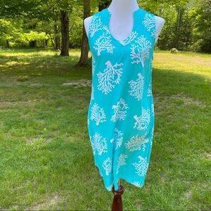 ESCAPADA BEACH SWIM COVERUP BLUE WHITE CORAL SLEEVELESS SHIFT DRESS Size S